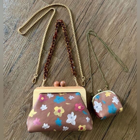 Genuine Leather Hand Painted Floral, Wooden Frame Bag/Crossbody & Small Purse - Picture 9 of 16